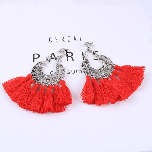 bohemian vintage geometric sector tassel clip on earrings without piercing trendy cotton rope fringe long ear clip for women, Silver
bohemian vintage geometric sector tassel clip on earrings without piercing trendy cotton rope fringe long ear clip for women, Silver