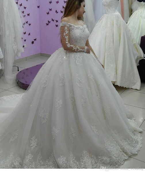 2019 new arabic dubai princess wedding dress long sleeves lace appliques church formal bride bridal gown plus size cu2046, White
2019 new arabic dubai princess wedding dress long sleeves lace appliques church formal bride bridal gown plus size cu2046, White