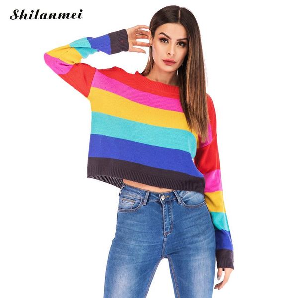 new 2019 spring rainbow stripe knitwear long sleeve autumn sweater women causal crop fashion loose female pullover jumper, White;black
new 2019 spring rainbow stripe knitwear long sleeve autumn sweater women causal crop fashion loose female pullover jumper, White;black