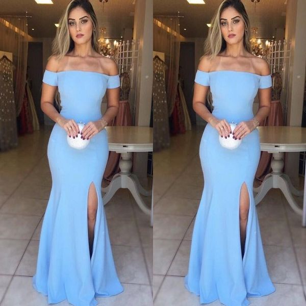 simple light blue off the shoulder mermaid prom party dresses side split floor length evening gowns, Black
simple light blue off the shoulder mermaid prom party dresses side split floor length evening gowns, Black