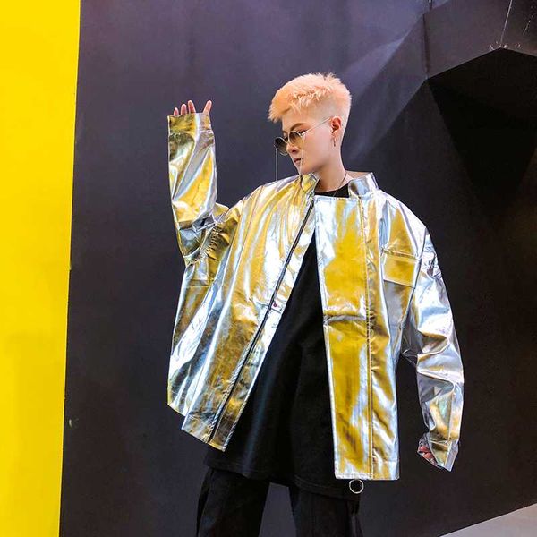 silver and gold leather jacket jaqueta couro masculina glossy club men's personality costumes coat, Black