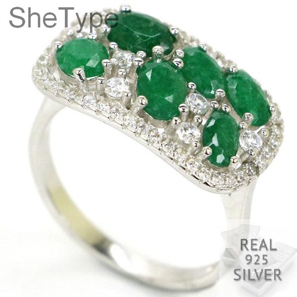 

shetype beautiful 4.1g real green emerald white cz 925 solid sterling silver rings 21x12mm, Golden;silver