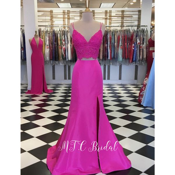 fuchsia 2 piece prom dresses spaghetti strap v neck side slit 2019 lace long formal dress women party gowns, White;black
fuchsia 2 piece prom dresses spaghetti strap v neck side slit 2019 lace long formal dress women party gowns, White;black