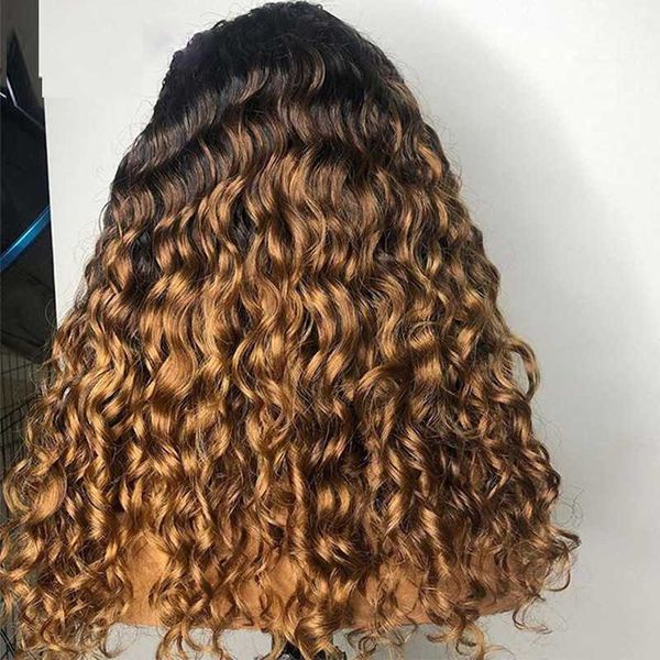 

13*4 ombre honey blonde kinky curly human hair wig brazilian remy preplucked 360 lace frontal wig glueless baby hair for women, Black;brown
