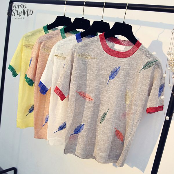 ice silk summer t shirt short sleeve embroidery feather o neck tshirts knitted women clothes shining, White
ice silk summer t shirt short sleeve embroidery feather o neck tshirts knitted women clothes shining, White