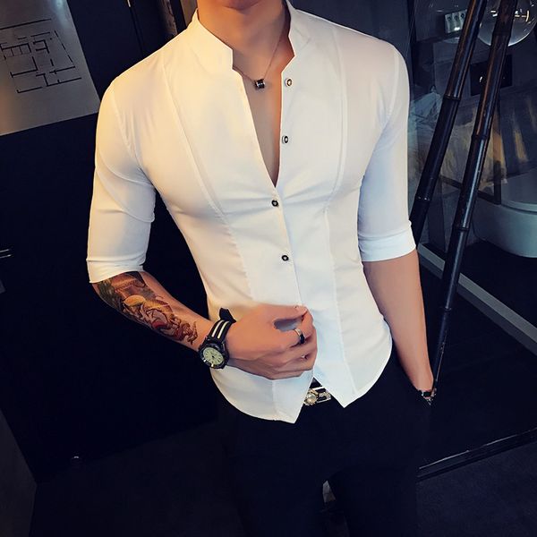 stand collar chinese style slim fit korea clothes men half sleeve summer designer club shirt camisa masculina, White;black
stand collar chinese style slim fit korea clothes men half sleeve summer designer club shirt camisa masculina, White;black