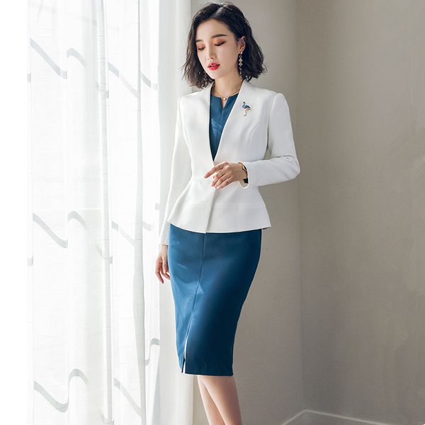 work dresses women's suits set slim 2-piece white suit jacket with blue dress casual professional wear, White;black
work dresses women's suits set slim 2-piece white suit jacket with blue dress casual professional wear, White;black