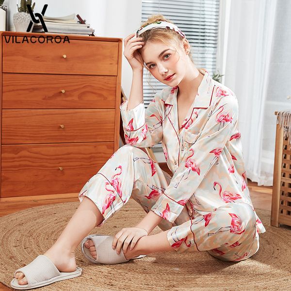 

flamingo simulation silk lapel pocket button pajamas for women long sleeve + long pant 2 piece set pajama set pyjama femme, Blue;gray