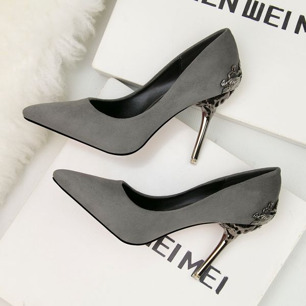 korean pointy single shoes metal hollow suede thin heel high heels