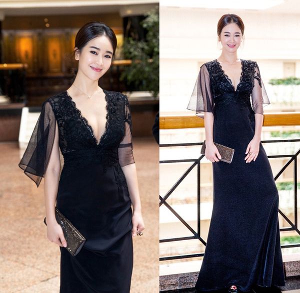 black lace evening dress sweep train long prom dress cap sleeve zipper back long runway gowns, Black;red
black lace evening dress sweep train long prom dress cap sleeve zipper back long runway gowns, Black;red