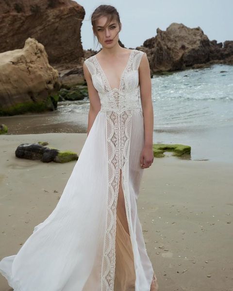 2019 new elegant lace beach wedding dresses v neck backless formal dress front split sweep train bridal gown custom made, White
2019 new elegant lace beach wedding dresses v neck backless formal dress front split sweep train bridal gown custom made, White