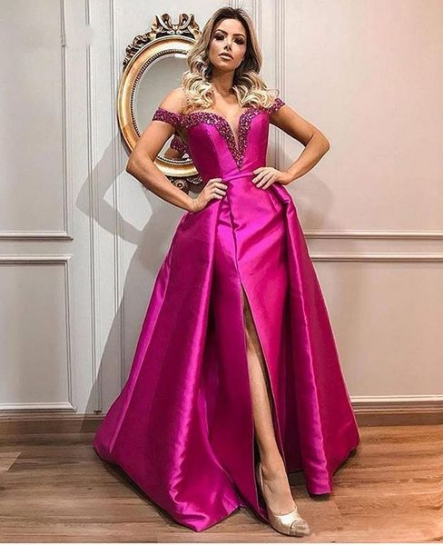 setwell fuchsia off shoulder deep v-neck a-line evening dresses short sleeves beaded pleated split satin prom party gowns, Black;red
setwell fuchsia off shoulder deep v-neck a-line evening dresses short sleeves beaded pleated split satin prom party gowns, Black;red