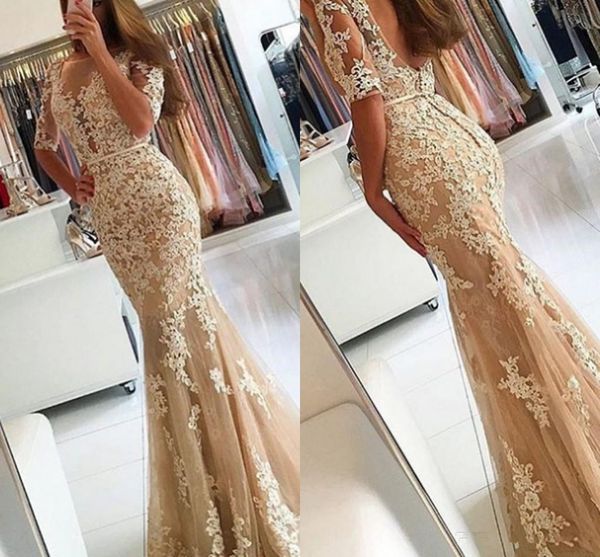 new mermaid champagne dresses evening wear half sleeve sheer neck appliques beads backless modest prom party gowns custom, Black;red
new mermaid champagne dresses evening wear half sleeve sheer neck appliques beads backless modest prom party gowns custom, Black;red
