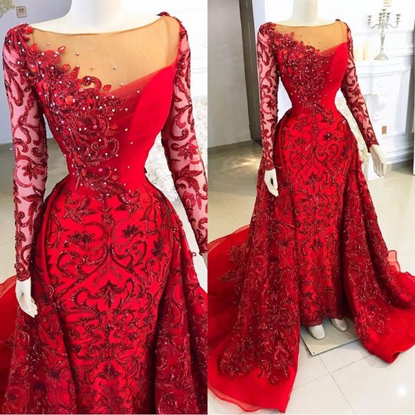 2020 christmas red long sleeve prom dresses scoop mermaid lace beaded applique backless evening gowns with removable train
2020 christmas red long sleeve prom dresses scoop mermaid lace beaded applique backless evening gowns with removable train