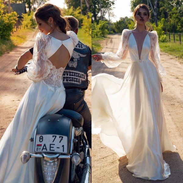 graceful lace illusion long sleeves a line boho country wedding dresses 2020 plunging v neck backless floor length bridal gowns, White
graceful lace illusion long sleeves a line boho country wedding dresses 2020 plunging v neck backless floor length bridal gowns, White