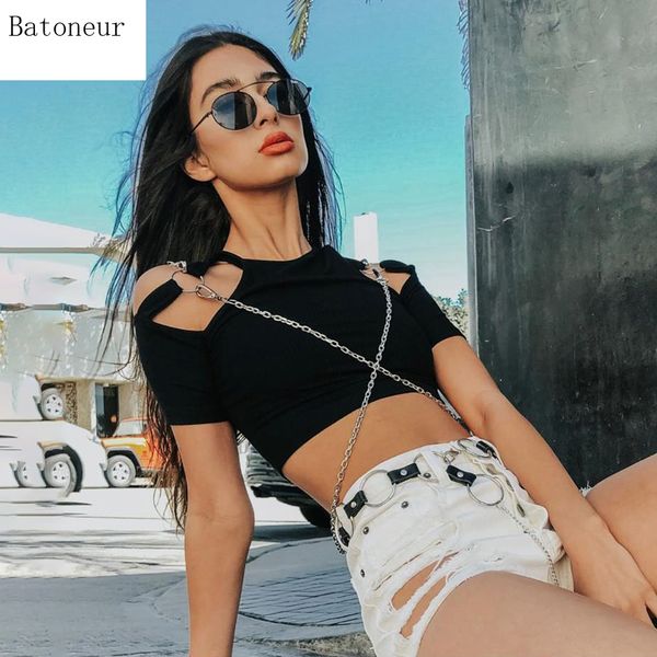fashion short sleeve t shirt women shoulder hollow out chain decoration slim short t shirt streetwear ladies top, White
fashion short sleeve t shirt women shoulder hollow out chain decoration slim short t shirt streetwear ladies top, White