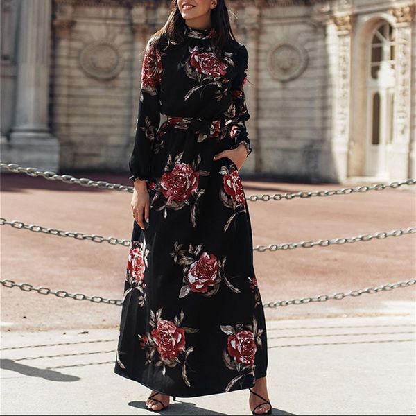 women's high collar printed long sleeve dress bohemian elegant party dress, Black;gray
women's high collar printed long sleeve dress bohemian elegant party dress, Black;gray