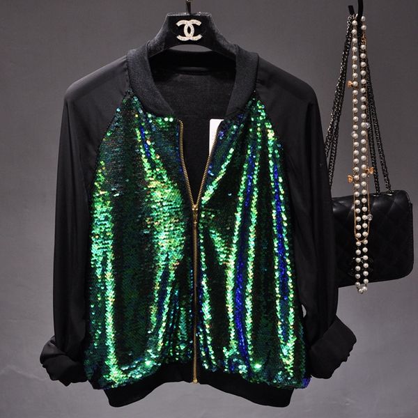 2019 new spring autumn green sequins baseball jacket coat stand collar color block patchwork chiffon sun protection clothing, Black;brown
2019 new spring autumn green sequins baseball jacket coat stand collar color block patchwork chiffon sun protection clothing, Black;brown