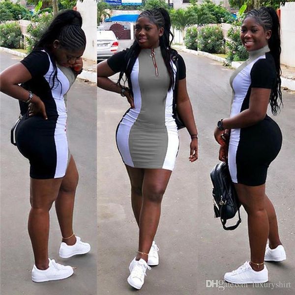 panelled womens designer dress with zipper short sleeve stripe female clothing fashion casual dresses, Black;gray
panelled womens designer dress with zipper short sleeve stripe female clothing fashion casual dresses, Black;gray