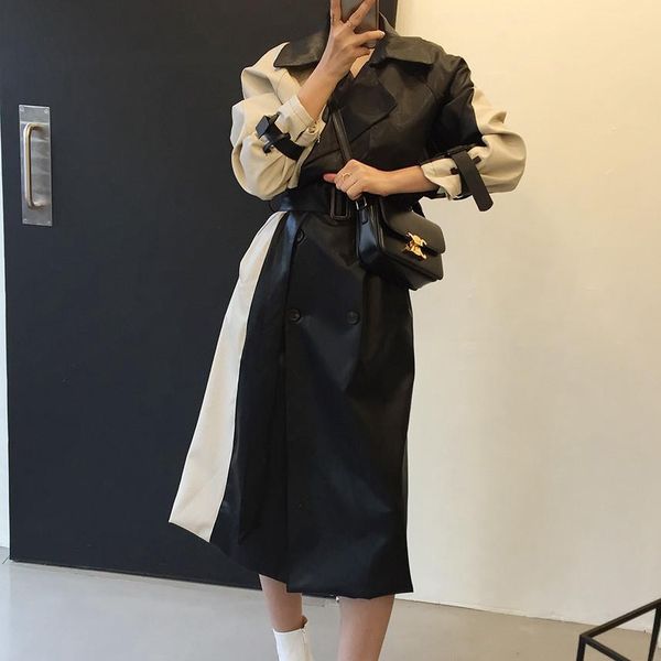 women's pu trench coat stylish two color patchwork long belted office laides faux leather windbreaker outerwear, Tan;black
women's pu trench coat stylish two color patchwork long belted office laides faux leather windbreaker outerwear, Tan;black