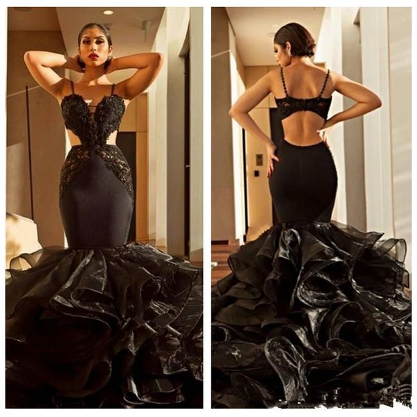 2021 spaghetti straps tiered organza mermaid prom dresses lace applique ruffles backless evening gowns formal party wear slim special, Black
2021 spaghetti straps tiered organza mermaid prom dresses lace applique ruffles backless evening gowns formal party wear slim special, Black
