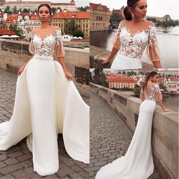 jewel neckline see-through 2 in 1 wedding dresses with detachable skirt 2020 half sleeves lace appliques mermaid wedding bridal gowns, White
jewel neckline see-through 2 in 1 wedding dresses with detachable skirt 2020 half sleeves lace appliques mermaid wedding bridal gowns, White