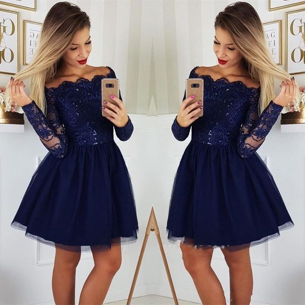 dark navy short prom dresses long sleeves lace a line homecoming dress tulle applique cocktail party dresses plus size vestidos de festa, Black
dark navy short prom dresses long sleeves lace a line homecoming dress tulle applique cocktail party dresses plus size vestidos de festa, Black