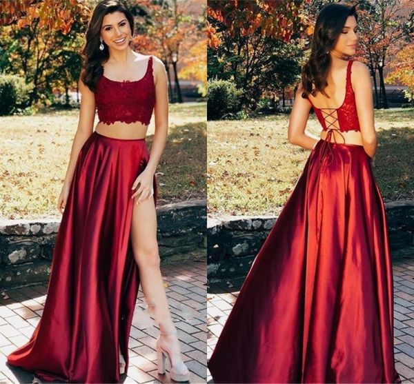 two pieces prom dresses long 2020 lace scoop backless high split formal evening party gowns vestido de noche custom, Black
two pieces prom dresses long 2020 lace scoop backless high split formal evening party gowns vestido de noche custom, Black