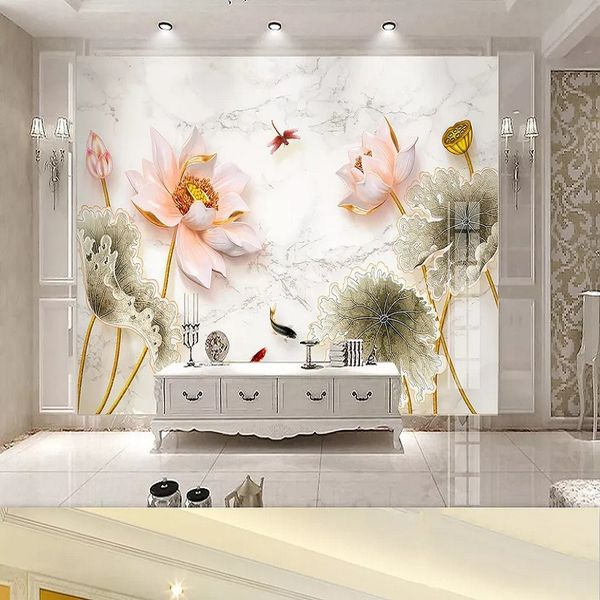 custom large mural 3d wallpaper stylish modern luxury chinese style lotus pond goldfish bedroom tv wall decor 5d embossed
custom large mural 3d wallpaper stylish modern luxury chinese style lotus pond goldfish bedroom tv wall decor 5d embossed