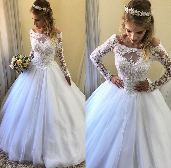 bateau illusion long sleeve wedding dresses lace appliques a line sweep train tulle bridal gown wedding vestido de novia, White
bateau illusion long sleeve wedding dresses lace appliques a line sweep train tulle bridal gown wedding vestido de novia, White