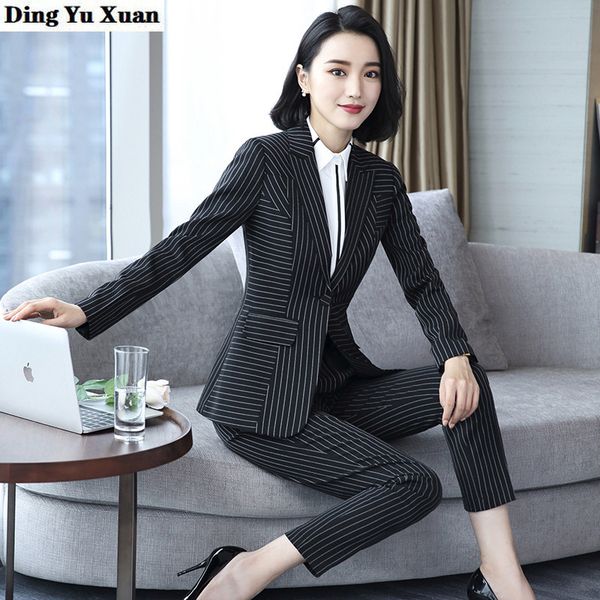 women's suits & blazers 2021 korean style office lady black blue stripe pant for women business formal blazer with pants womens work pa, White;black
women's suits & blazers 2021 korean style office lady black blue stripe pant for women business formal blazer with pants womens work pa, White;black