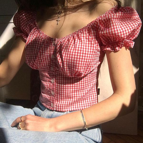 women's blouses & shirts summer ruffle trim women plaidsquare neck button front puff sleeve blouse shirt vintage for womens, White
women's blouses & shirts summer ruffle trim women plaidsquare neck button front puff sleeve blouse shirt vintage for womens, White