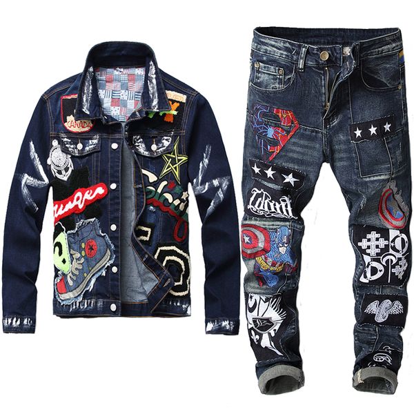 dark blue tracksuit embroidery patch design jacket jeans 2 piece set multi-badge skull jeans sets slim denim jacket and flag badge paint jea, Gray
dark blue tracksuit embroidery patch design jacket jeans 2 piece set multi-badge skull jeans sets slim denim jacket and flag badge paint jea, Gray