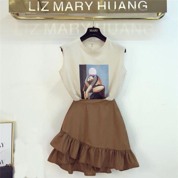taotrees women summer sleeveless printing portrait t-shirt high waist lotus leaf half skirt retro two pieces skirt set, White
taotrees women summer sleeveless printing portrait t-shirt high waist lotus leaf half skirt retro two pieces skirt set, White