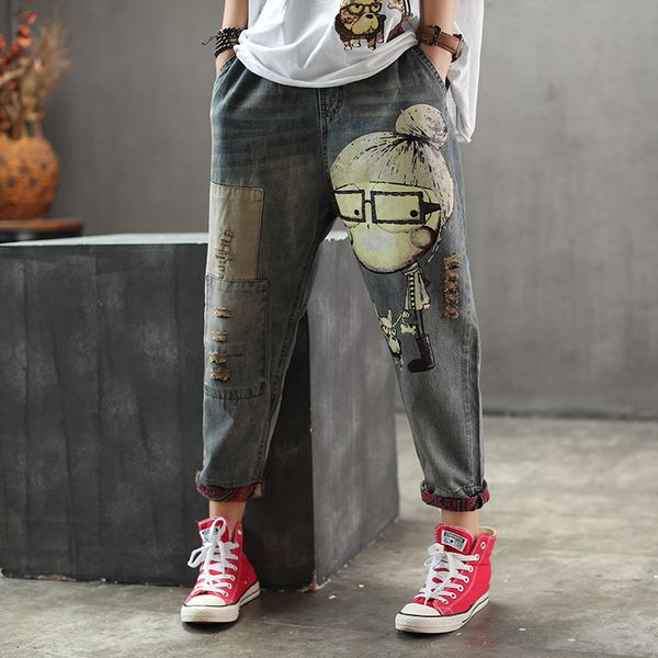 Women Spring Autumn Fashion Brand Vintage Cartoon Dog Little Girl Print Denim Jeans Female Casual Frayed Harem Pants Trousers, Blue
Women Spring Autumn Fashion Brand Vintage Cartoon Dog Little Girl Print Denim Jeans Female Casual Frayed Harem Pants Trousers, Blue