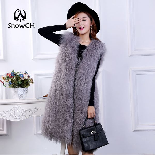 

2018 new genuine mongolia sheep fur vest women full pelt sheep fur jacket very long winter waistcoats f853, Black