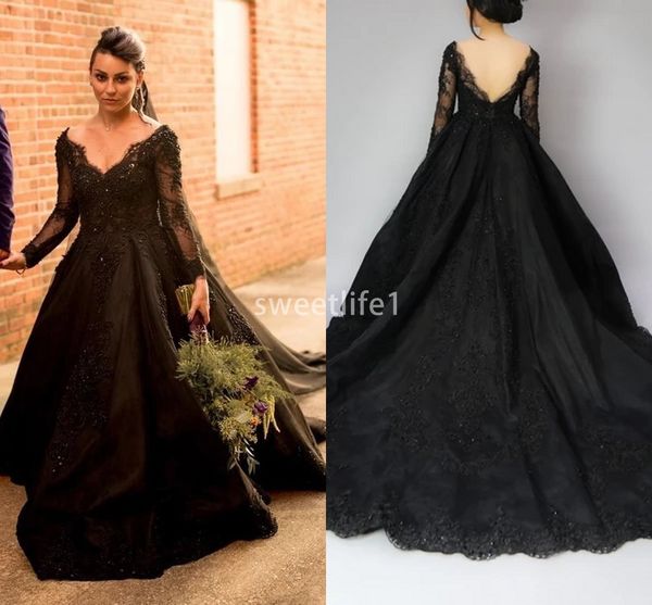2020 black gothic long sleeve wedding dresses lace appliques a line sweep train gthoic style bride gown custom made, White
2020 black gothic long sleeve wedding dresses lace appliques a line sweep train gthoic style bride gown custom made, White
