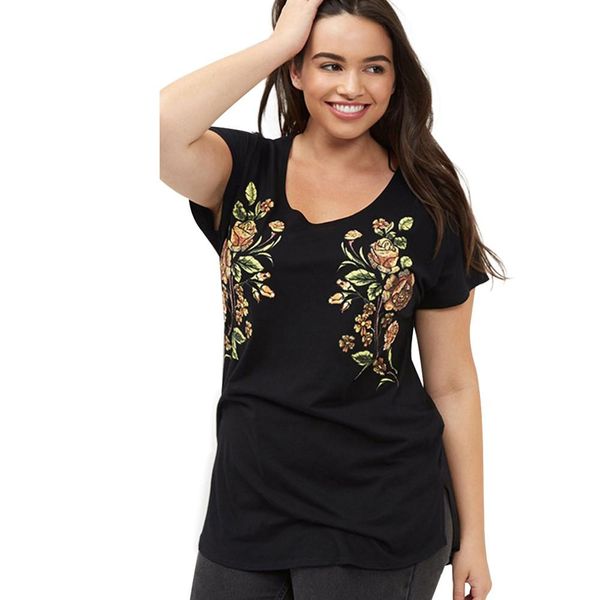 plus size new fashion women clothing casual short sleeve o neck split side floral embroidery t-shirt female quality, White
plus size new fashion women clothing casual short sleeve o neck split side floral embroidery t-shirt female quality, White