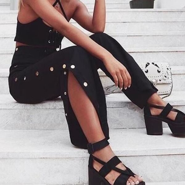 side buttons wide leg pants for women split pants casual elastic waist long trousers, Black;white