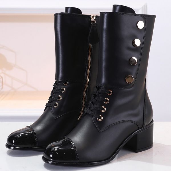 vintage solid mid-calf boots square heels women leather shoes cool zipper female boots with gold button, Black
vintage solid mid-calf boots square heels women leather shoes cool zipper female boots with gold button, Black