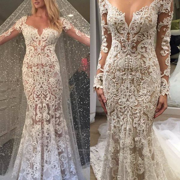 2019 berta mermaid wedding dresses with long sleeves sheer neck lace illusion bridal dresses vintage custom made wedding gowns, White
2019 berta mermaid wedding dresses with long sleeves sheer neck lace illusion bridal dresses vintage custom made wedding gowns, White