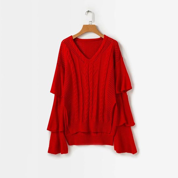 women cable knit sweater 2019 autumn v-neck multi-layer flare sleeve sweater split hem and front short after long pullover, White;black
women cable knit sweater 2019 autumn v-neck multi-layer flare sleeve sweater split hem and front short after long pullover, White;black