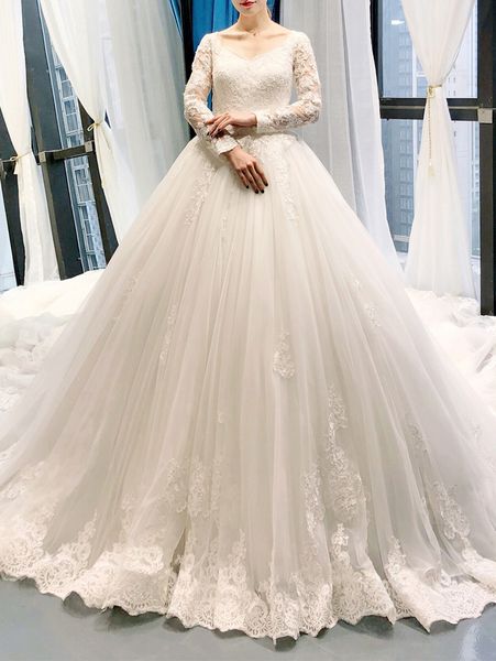 gorgeous lace long sleeves wedding dress ball gown sweetheart zipper back court train lace wedding gowns, White
gorgeous lace long sleeves wedding dress ball gown sweetheart zipper back court train lace wedding gowns, White