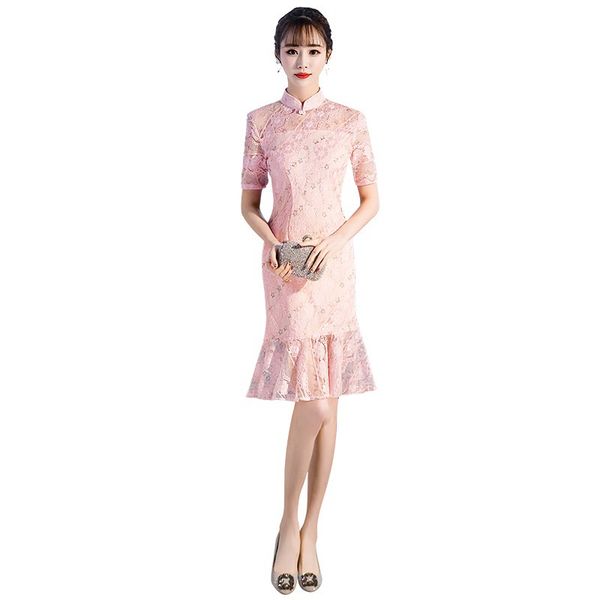 pink lace summer chinese style dress vintage oriental ladies knee length qipao classic stage show elegant female cheongsam s-xxl, Red 
pink lace summer chinese style dress vintage oriental ladies knee length qipao classic stage show elegant female cheongsam s-xxl, Red