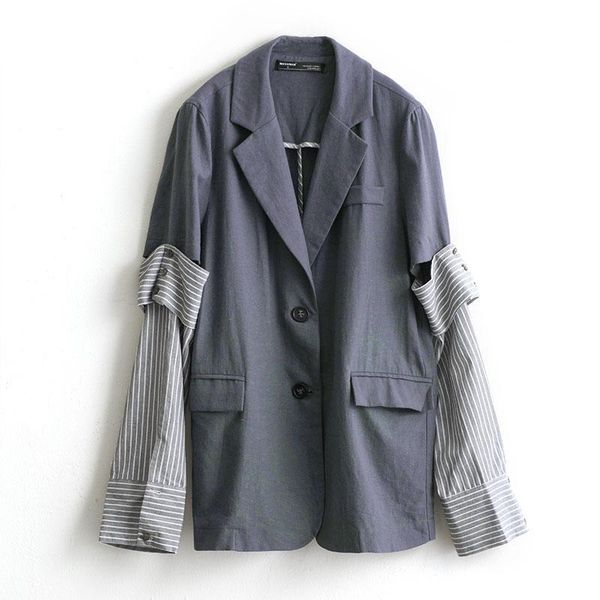 women blazer striped spliced long sleeve long blazer jacket single breasted womens blazers all match loose woman 2019 new, White;black 
women blazer striped spliced long sleeve long blazer jacket single breasted womens blazers all match loose woman 2019 new, White;black