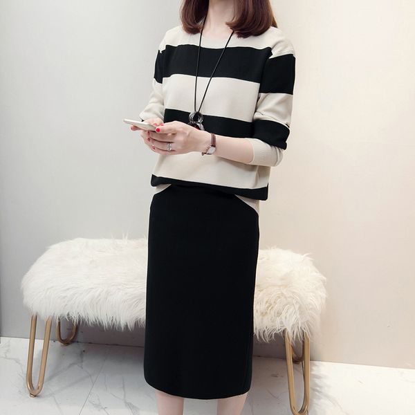women's sweaters striped knitted fashion o-neck women casual autumn winter slim +elastic high waist knit midi skirts 2 pieces sets, White;black
women's sweaters striped knitted fashion o-neck women casual autumn winter slim +elastic high waist knit midi skirts 2 pieces sets, White;black