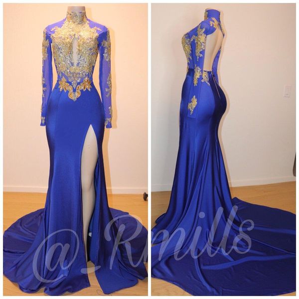 Gold Appliques Royal Blue Mermaid Prom Dresses Hot Sell High Neck Keyhole Backless Illusions Split Long Train Party Evening Gowns
Gold Appliques Royal Blue Mermaid Prom Dresses Hot Sell High Neck Keyhole Backless Illusions Split Long Train Party Evening Gowns