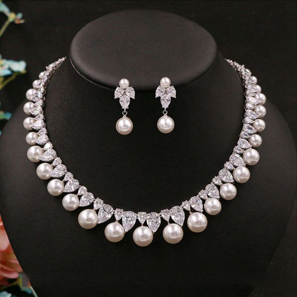 cubic zirconia round pearl drill noble delicate bridal necklace pendant stud earrings jewelry wedding accessories for women, White
cubic zirconia round pearl drill noble delicate bridal necklace pendant stud earrings jewelry wedding accessories for women, White