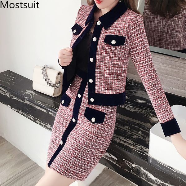 winter women tweed vintage two piece skirt suits sets buttons coat and a-line skirt outfits sets elegant fashion 2 piece sets y200110, White 
winter women tweed vintage two piece skirt suits sets buttons coat and a-line skirt outfits sets elegant fashion 2 piece sets y200110, White