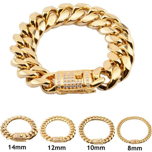 

8mm/10mm/12mm/14mm/16mm/18mm mens 18k gold plated stainless steel bracelets high polished miami cuban link punk curb cz bracelet, Black